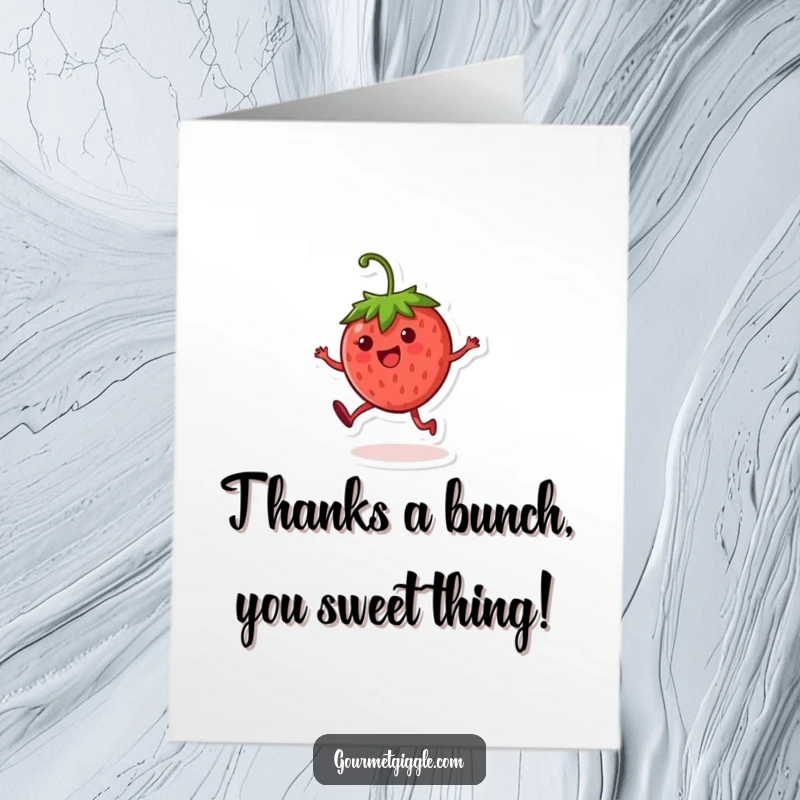 Funny Free Printable Thank You Card: A cheerful strawberry character cartwheeling with gratitude.