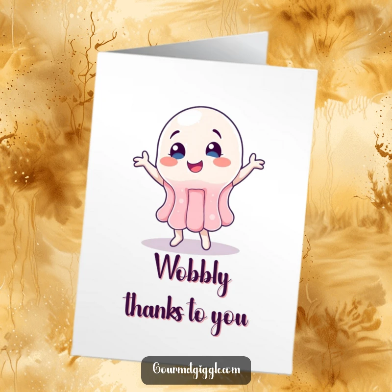 Funny Free Printable Thank You Card: A wobbly jelly character doing a happy dance, conveying heartfelt thanks with a fun wiggle.