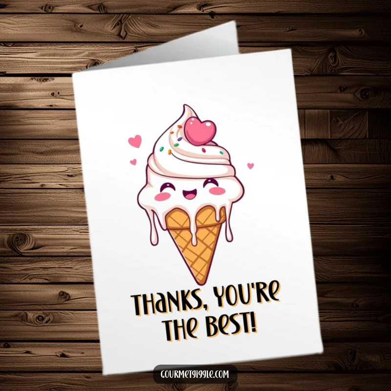 Funny Free Printable Thank You Card: A delighted ice cream cone melting slightly conveys immense glee and a sweet, heartfelt thank you.