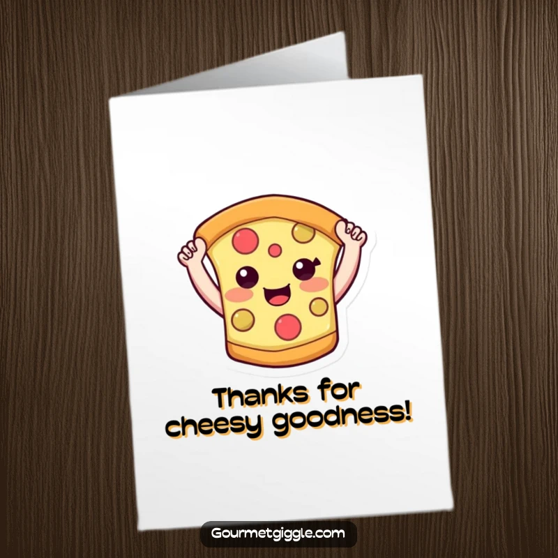 Funny Free Printable Thank You Card: A smiling slice of pizza with little arms raised high, offering a cheesy thank you.