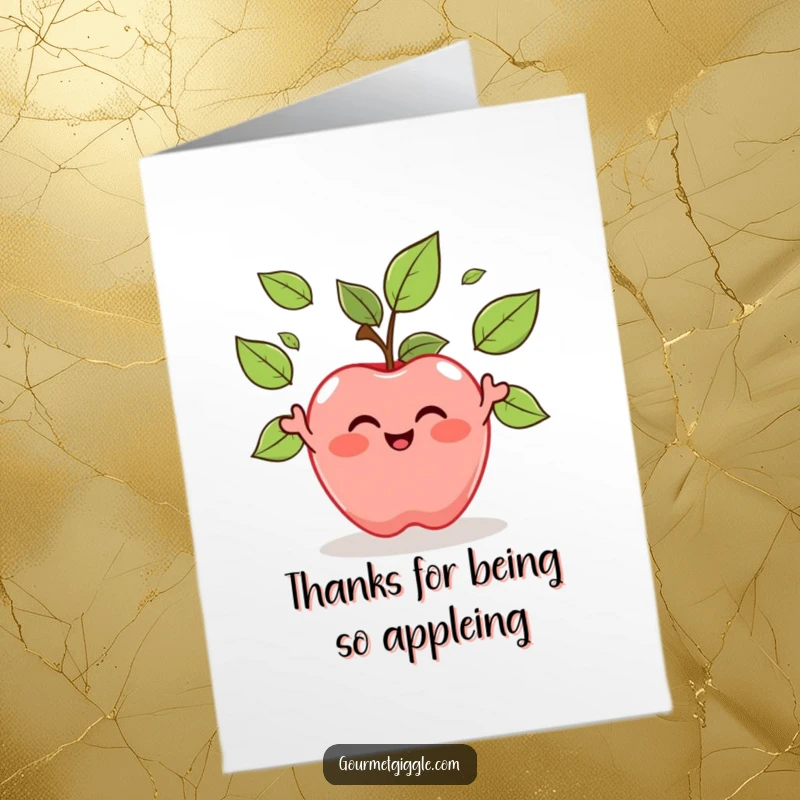 Funny Free Printable Thank You Card: A happy apple character juggles its own leaves, conveying sincere appreciation.