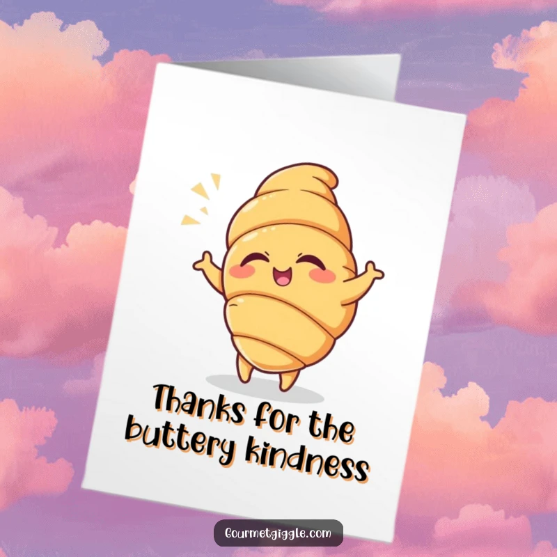 Funny Free Printable Thank You Card: Winking croissant doing a graceful dance with a flourish, offering thanks with charm.