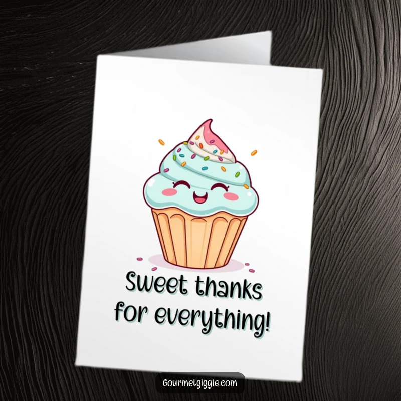 Funny Free Printable Thank You Card: A smiling cupcake giggles as a cascade of colorful sprinkles rains down, a sweet thank you.