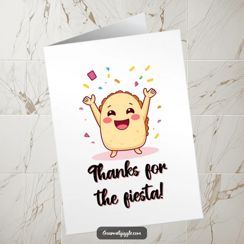 Funny Free Printable thank you card with a laughing taco and arms showering confetti, perfect for expressing gratitude.