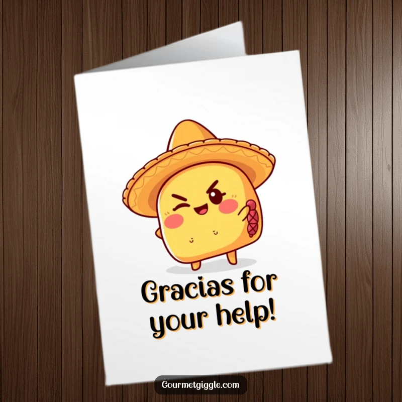 Funny Free Printable thank you card featuring a sombrero-wearing taco giving a mischievous wink, perfect for expressing thanks.