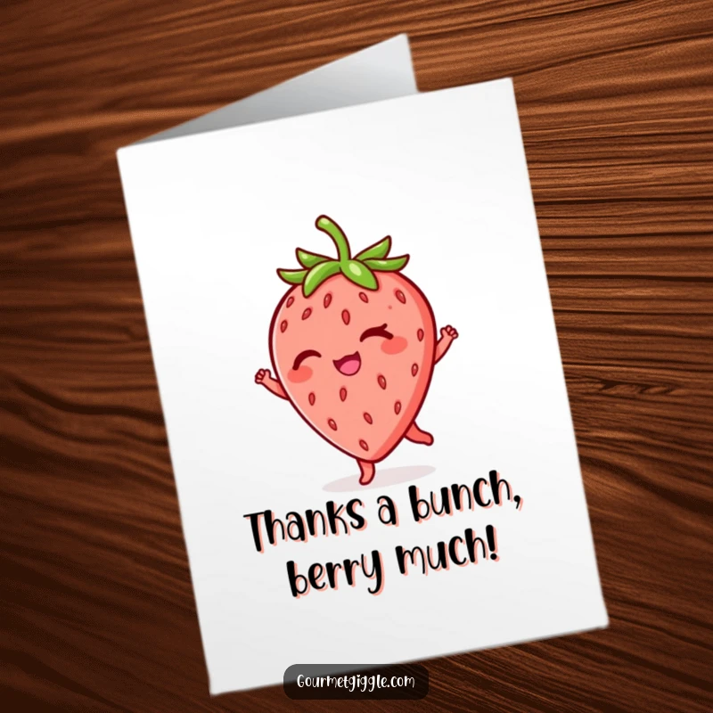Funny Free Printable thank you card depicting a charming, winking strawberry mid-twirl, conveying sincere appreciation.