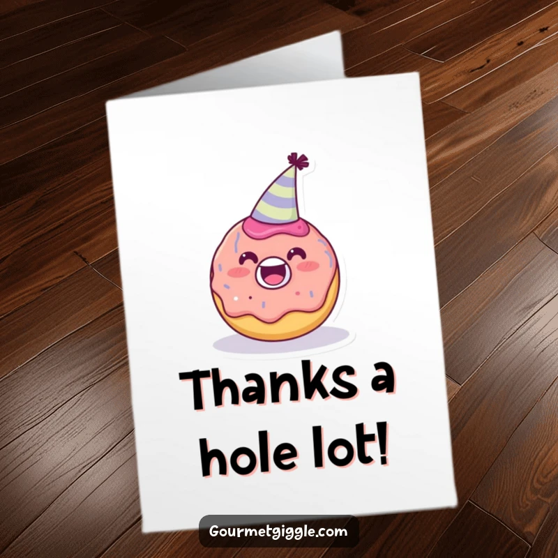 Funny Free Printable Thank You Card: A delighted donut with a party hat says thanks, a perfect DIY gift.