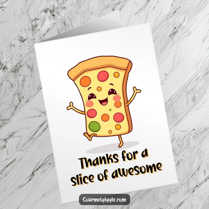 Funny Free Printable Thank You Card: Smiling pizza slice doing a happy dance, a fun printable art choice.