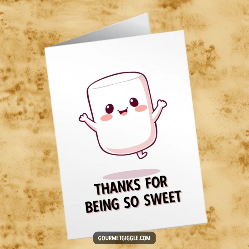 Funny Free Printable Thank You Card: A cheerful marshmallow character bounces happily, conveying warm appreciation.