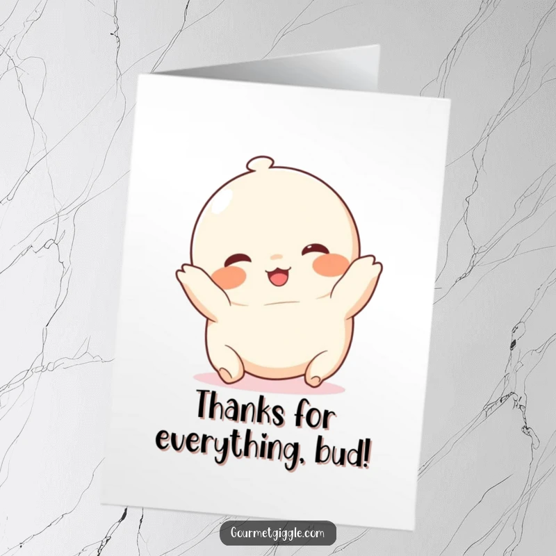 Funny Free Printable Thank You Card: A chubby dumpling with rosy cheeks doing a happy tumble to express thanks.