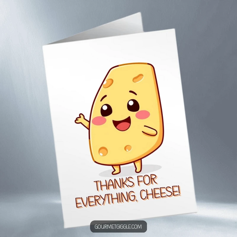 Funny Free Printable thank you card with a smiling cheese wedge doing a happy little shimmy. A cheesy way to say thanks.