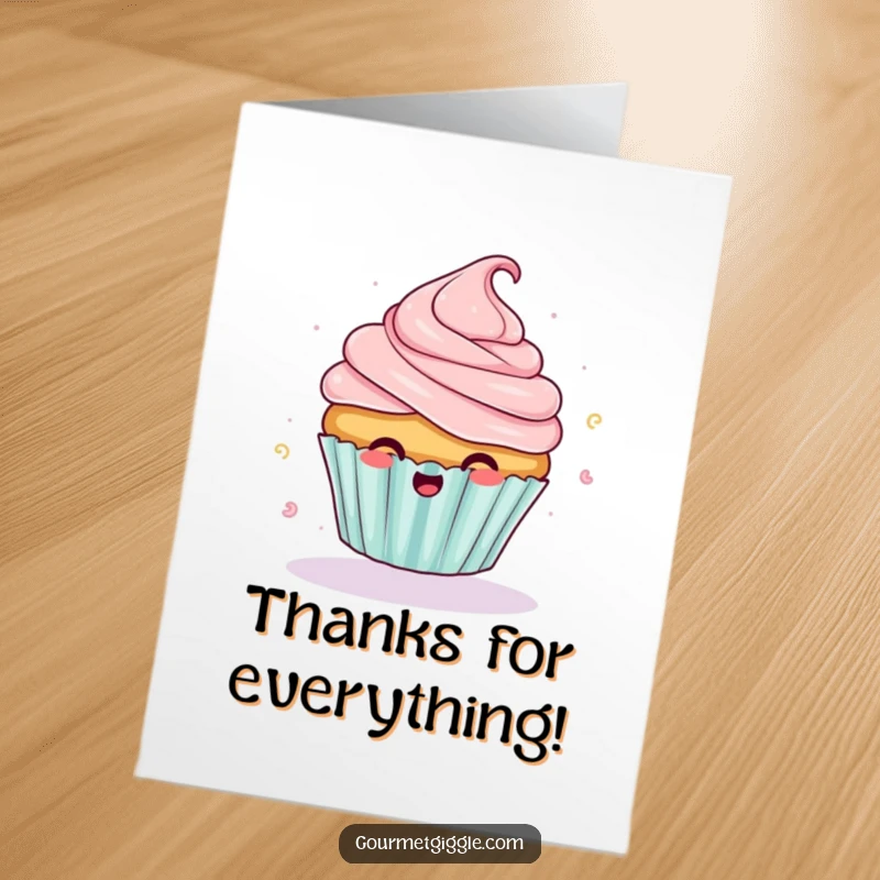 Funny Free Printable thank you card depicting a giggling cupcake with frosting flying off as it spins with delight.