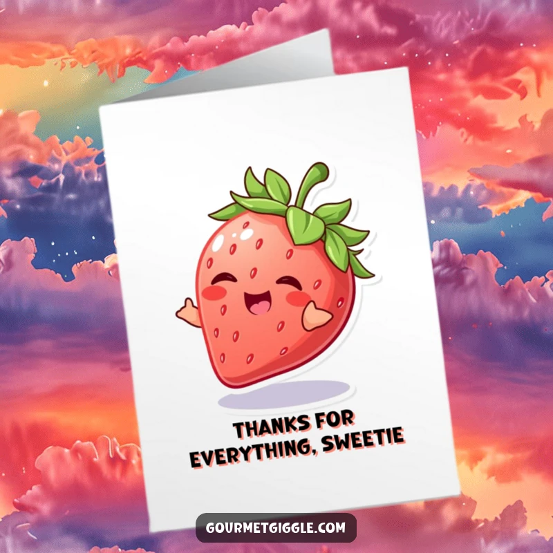 Funny Free Printable Thank You Card: A giggling strawberry in a playful spin, offering thanks with pure delight.