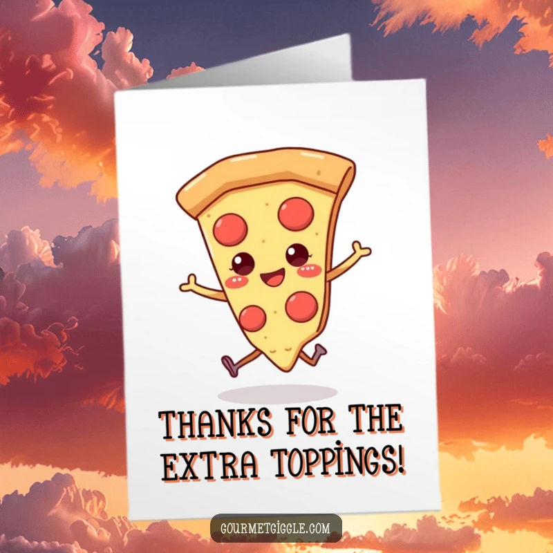 Funny Free Printable Thank You Card: A pizza slice skips happily, offering thanks with a smile.