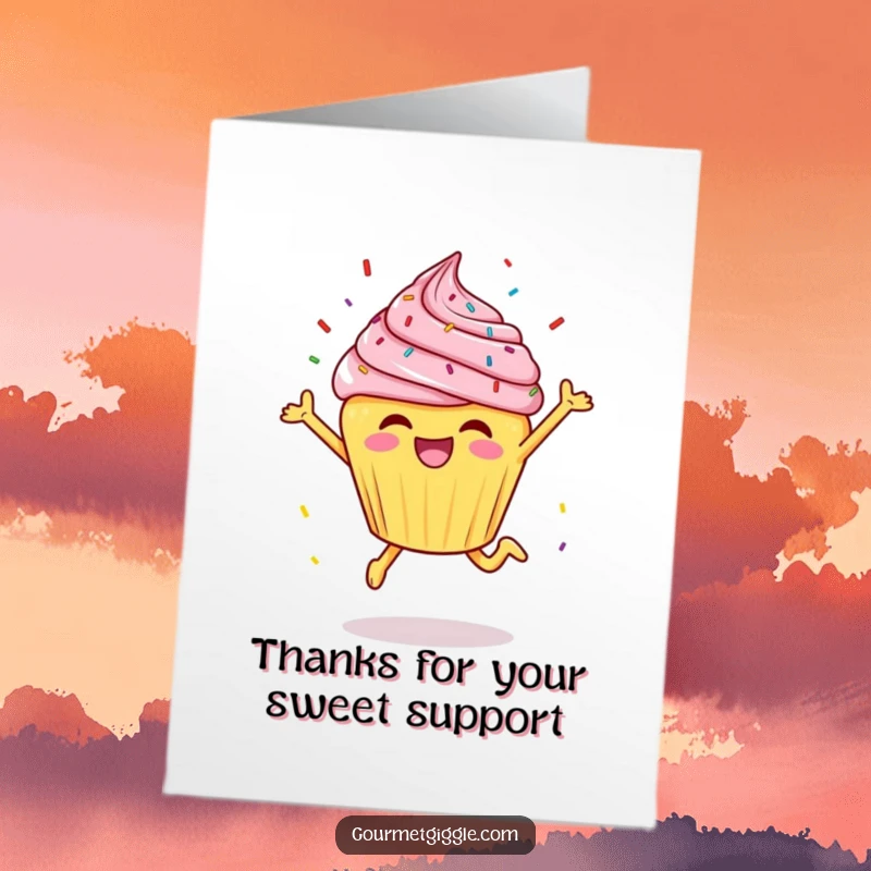 Funny free printable thank you card of a cheerful cupcake leaping with sprinkles flying, expressing gratitude joyfully.