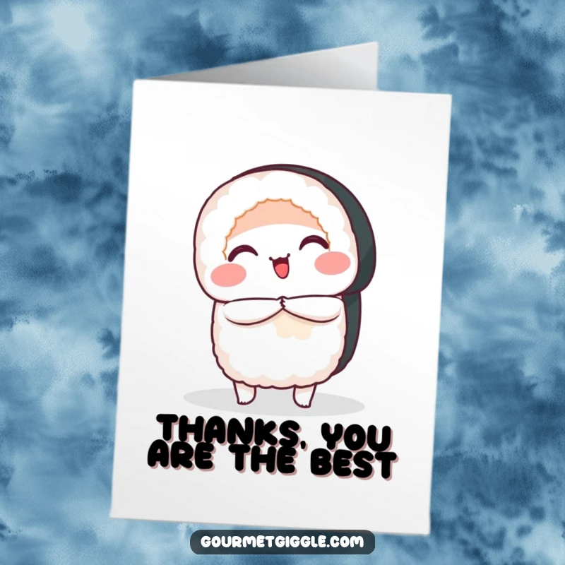 Funny free printable thank you card: a smiling sushi roll performing a courteous bow to convey profound gratitude.