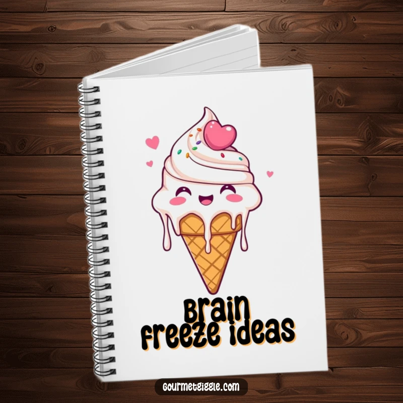 Funny Ice Cream Cone Notebook with a delighted ice cream cone dripping with glee, perfect for jotting notes with a dose of sweet humor.