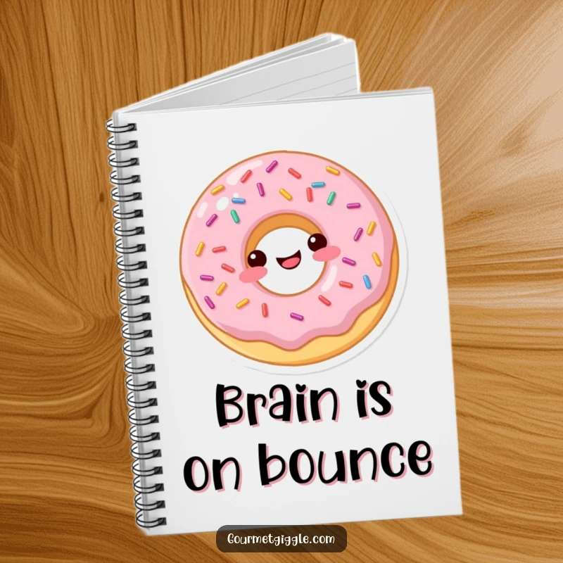 Funny donut notebook cover with a bouncing donut design, inspiring joyful note-taking.