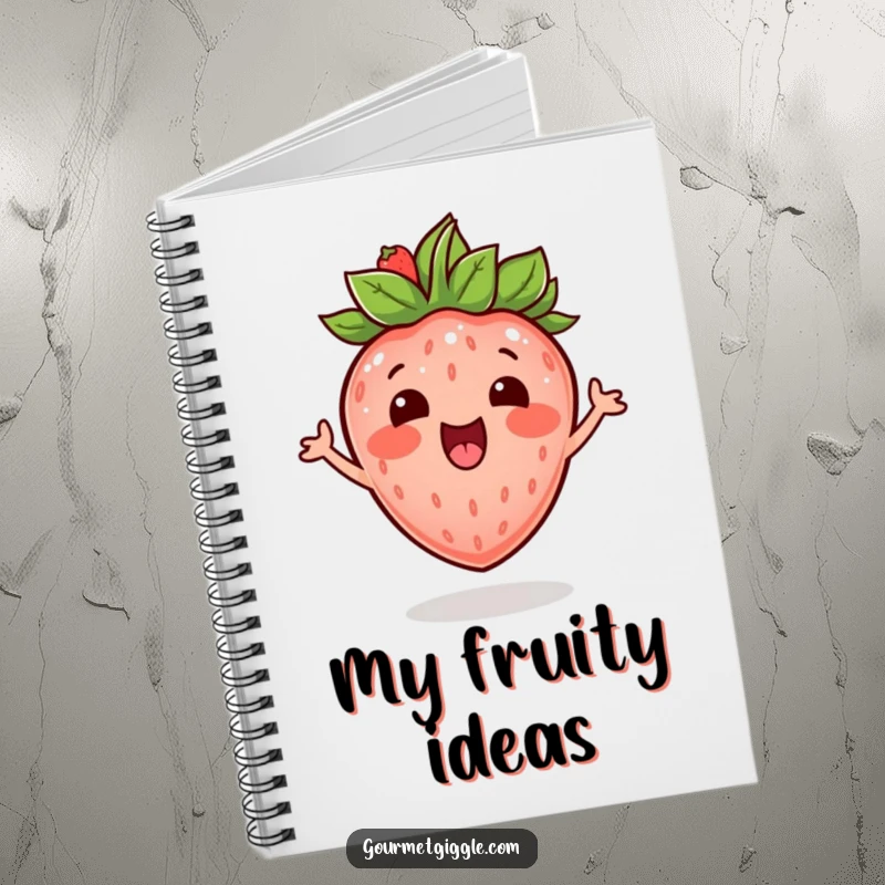 Funny excited strawberry with a leafy crown, bouncing with mirth, inspiring happy thoughts in a notebook.