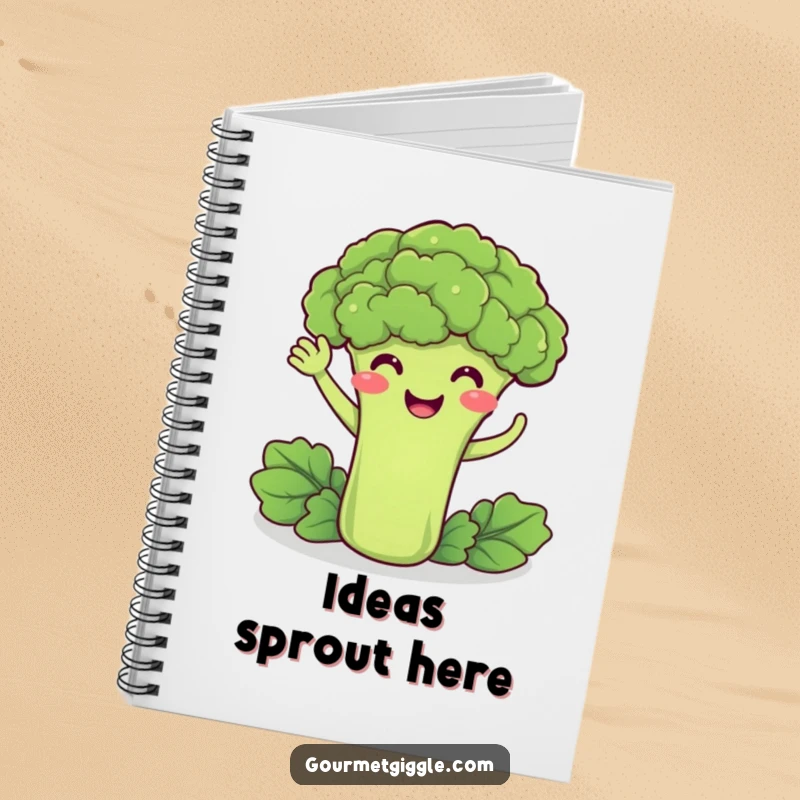 Funny notebook with a delighted broccoli smiling and doing a friendly wave, perfect for jotting down healthy thoughts.