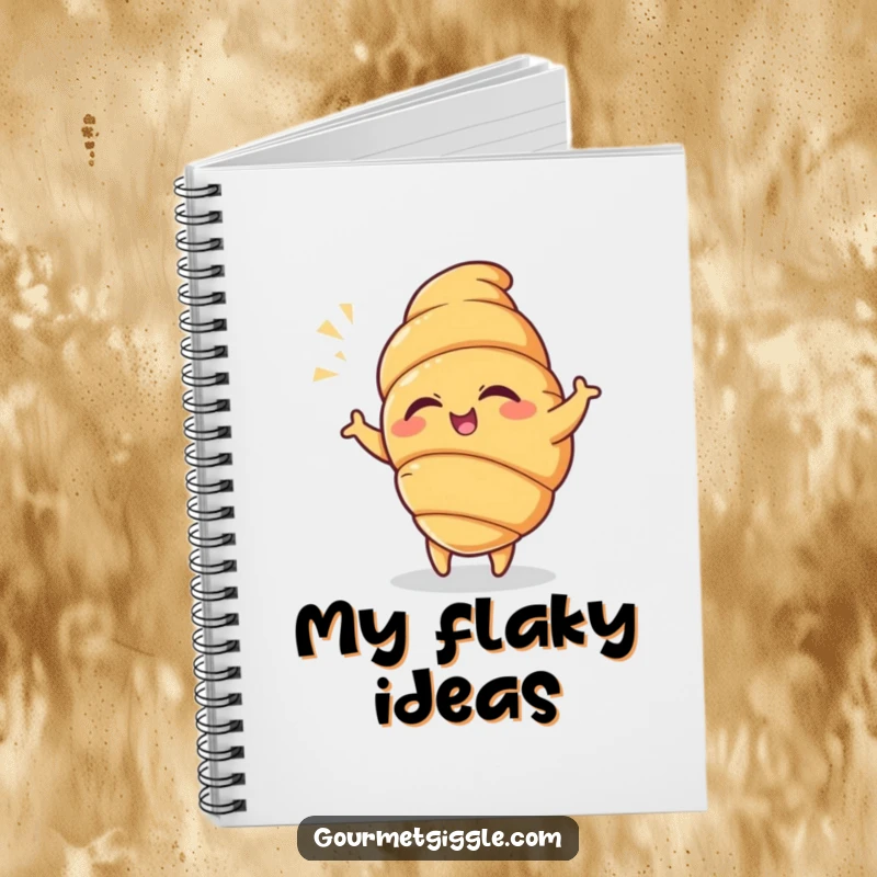 Funny Croissant Notebook featuring a winking croissant in a playful dance pose with a flourish, ideal for jotting down creative ideas.