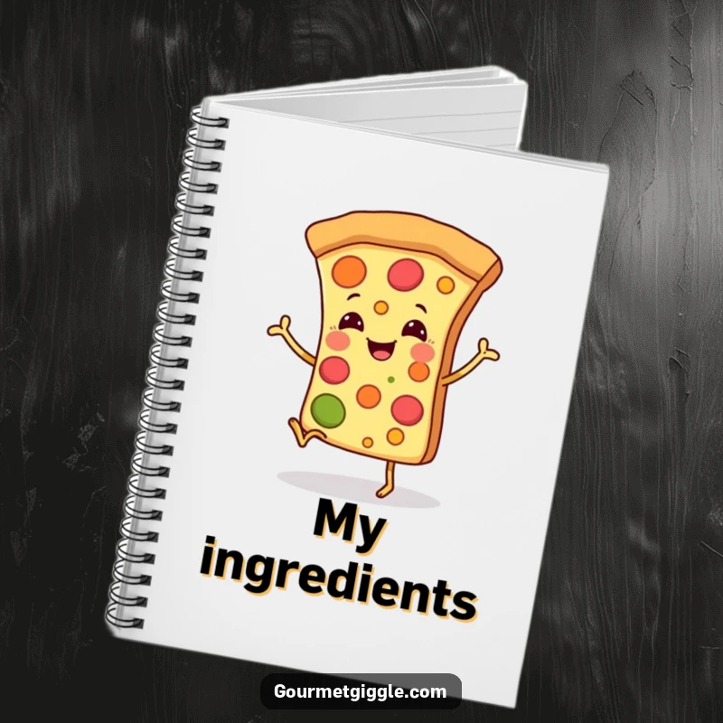 Funny notebook featuring a smiling pizza slice with tiny legs dancing, perfect for writing notes and recipe ideas.