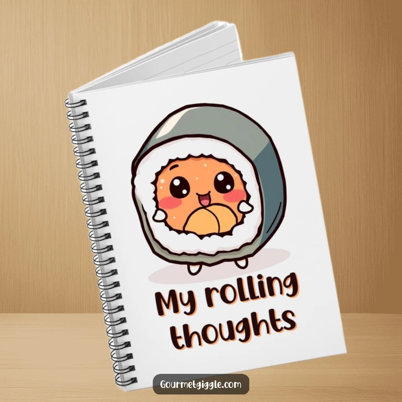 Funny delighted sushi roll with expressive eyes, joyfully dancing, inspiring foodie thoughts in a notebook.