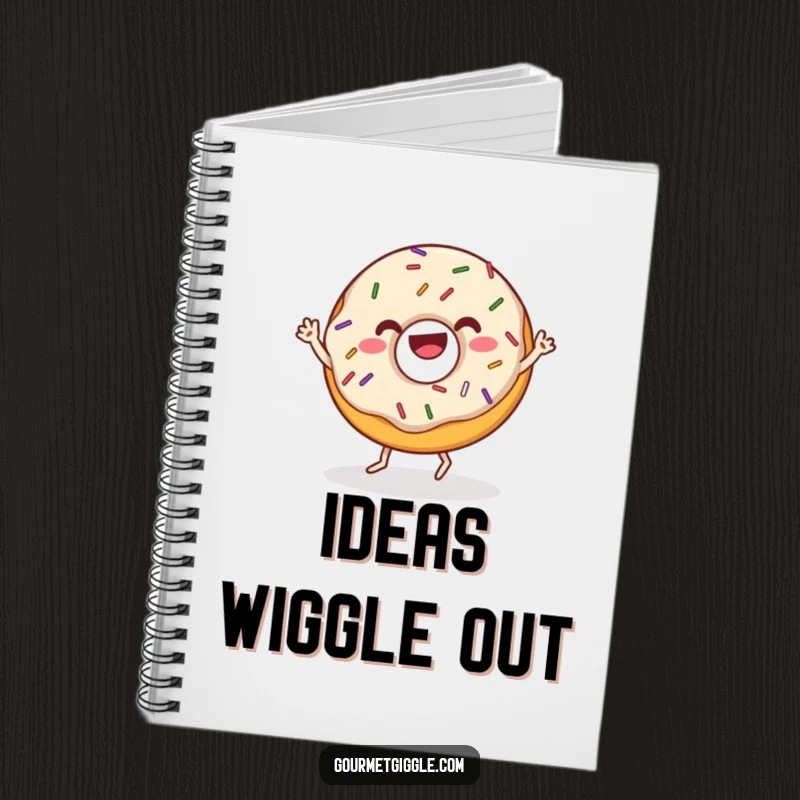 Funny donut notebook with sprinkles doing a joyful wiggle dance, perfect for jotting down notes with a smile. A sweet and practical tool.