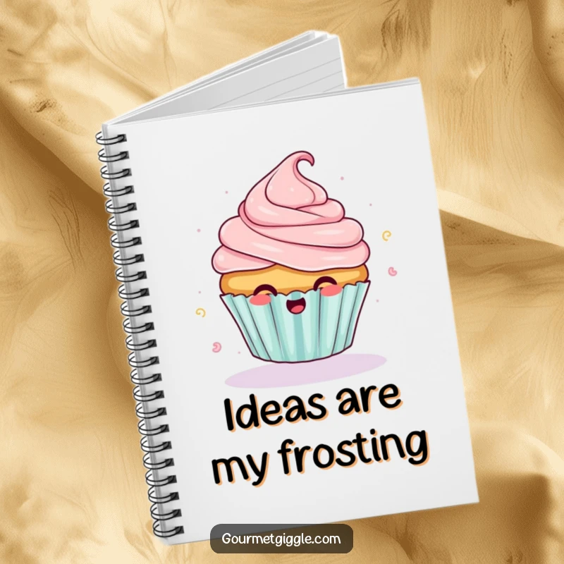Funny giggling cupcake notebook with frosting flying off mid-spin, perfect for writing notes and sweet, humorous thoughts.