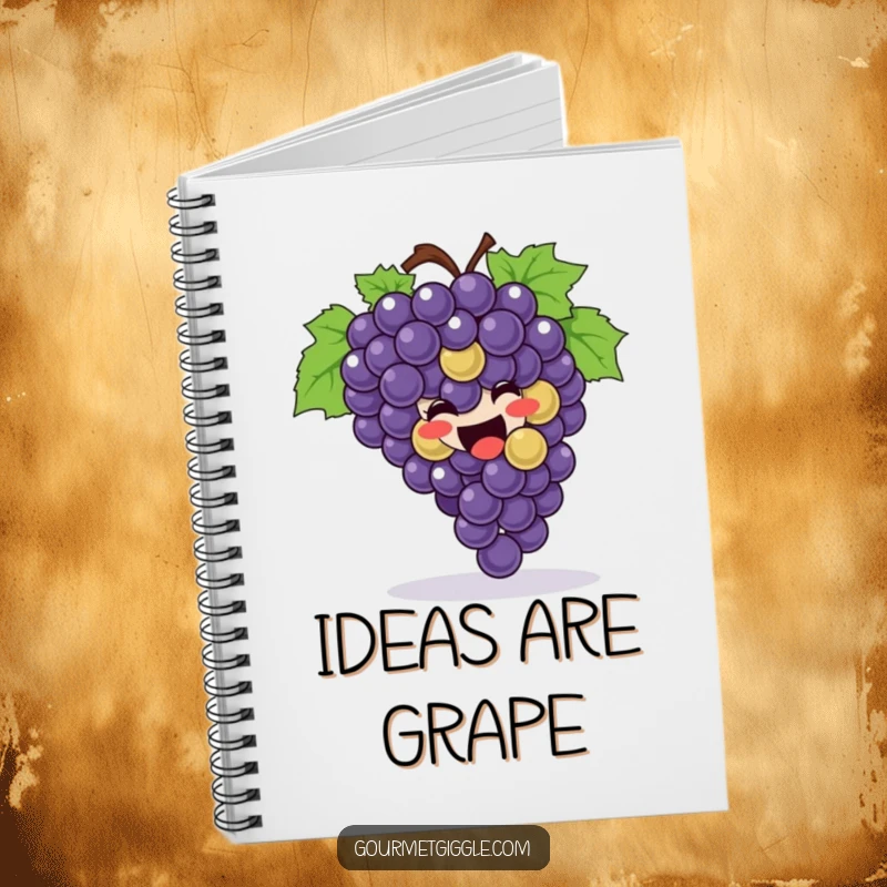 Funny Notebook cover featuring a joyful bunch of grapes rolling happily, ready to inspire notes and doodles.