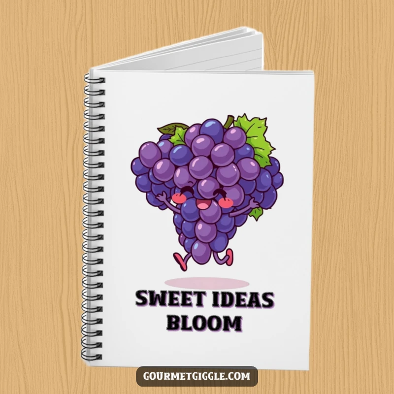 Funny notebook with an exuberant bunch of grapes doing a little hop, symbolizing joyful creativity and ideas.
