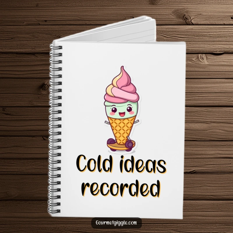 Funny notebook cover with a cheerful ice cream cone scooting gleefully, designed for note-taking with a side of dessert-inspired fun.