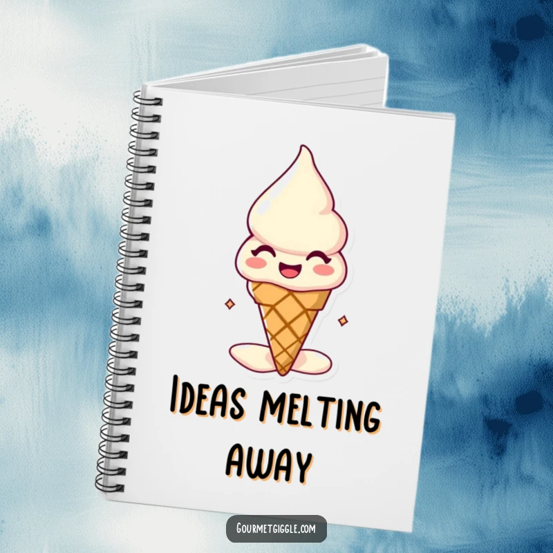 Funny melting ice cream cone notebook, a joyful, slightly melting character, perfect for capturing sweet thoughts and creative ideas.