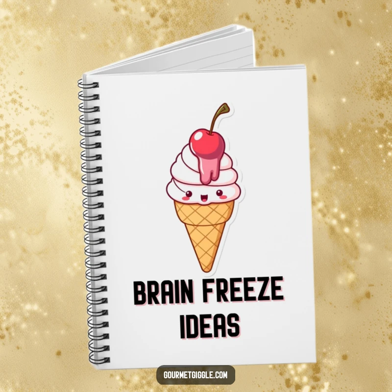Funny Notebook cover featuring a happy, melting ice cream cone with a cherry, ready for notes and creative ideas.