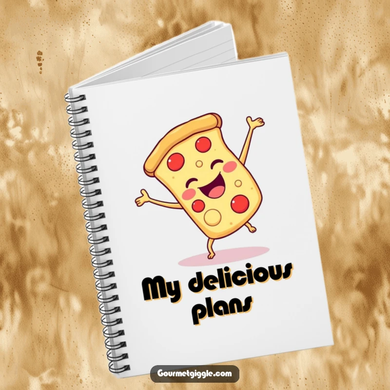 Funny pizza cartwheel notebook with a smiling slice of pizza doing a joyful cartwheel, ready for notes.