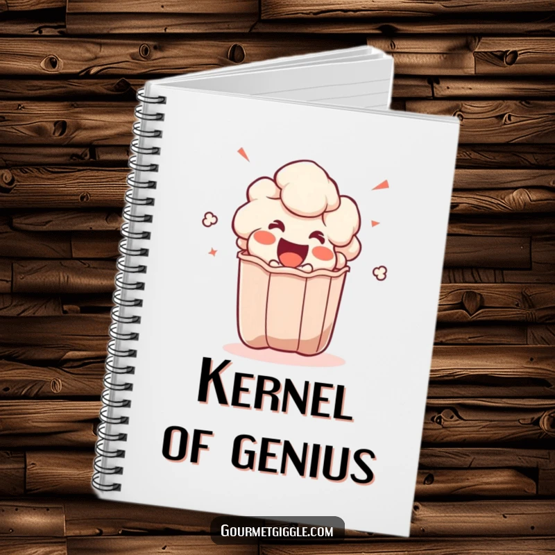 Funny popcorn kernel notebook featuring an excited character popping from a bag, ideal for jotting down notes with enthusiasm.