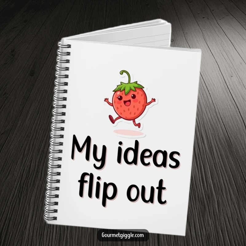 Funny strawberry character notebook, featuring a round, cheerful fruit in mid-cartwheel, perfect for jotting down funny ideas.