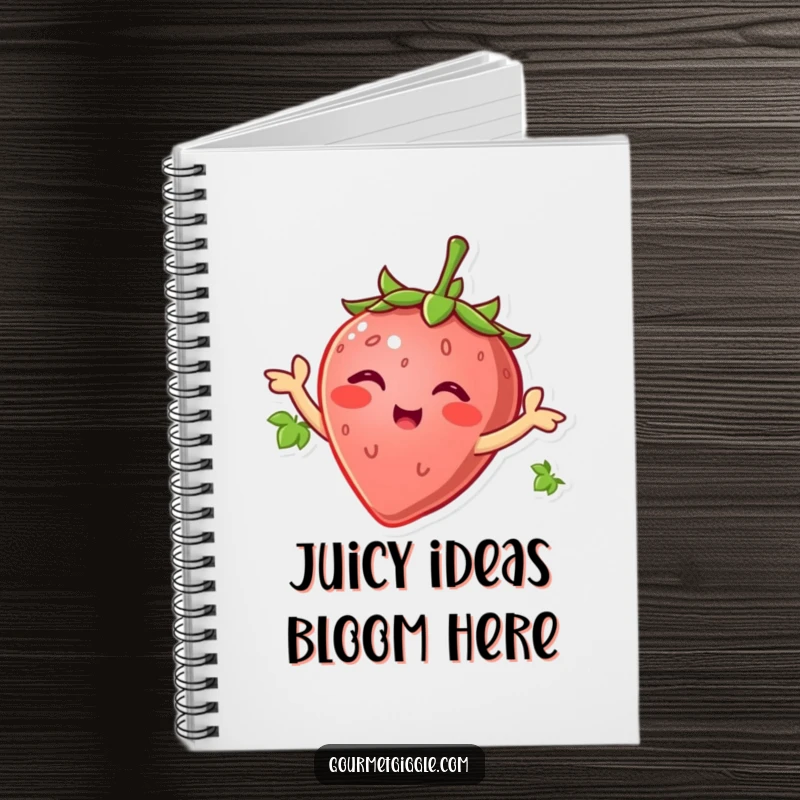 Smiling strawberry wiggling its leaves like arms, perfect for jotting down sweet ideas and humorous plans in this notebook.