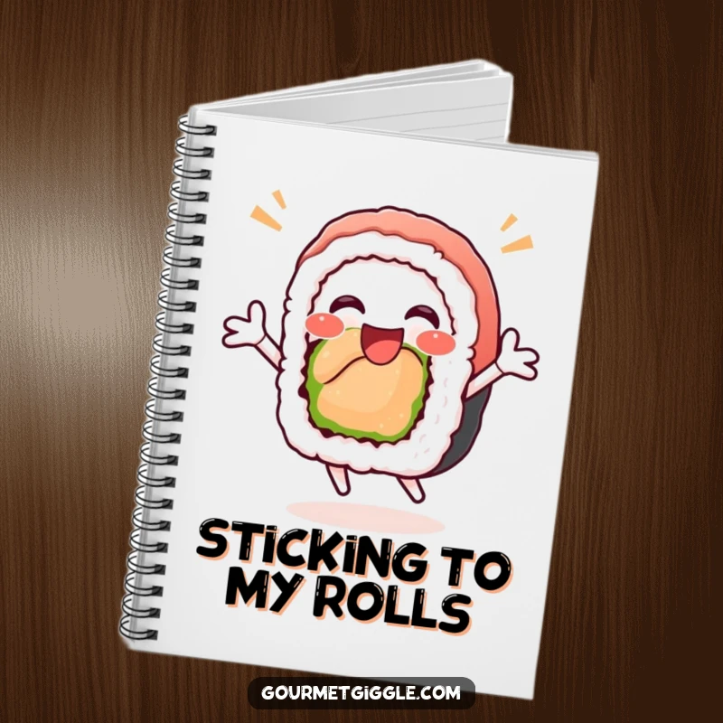 Funny sushi roll notebook featuring a delighted, happy sushi roll in a celebratory jump, ideal for note-taking with a touch of humor.