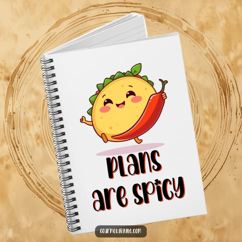 Funny notebook with a smiling taco kicking a dancing chili pepper, ideal for jotting down notes with playful food humor.