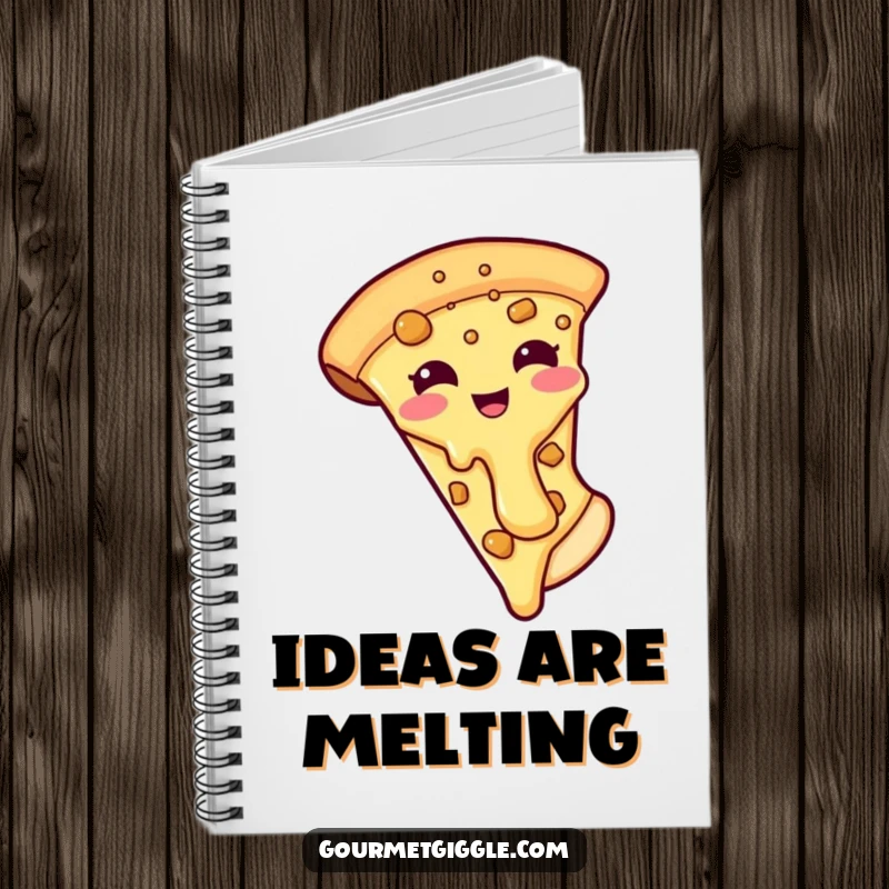 Funny notebook cover with a smiling pizza slice character whose cheese topping is sliding off, designed for humorous note-taking.