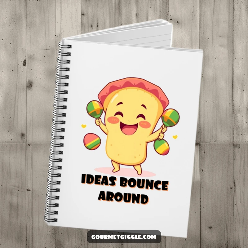Funny taco notebook featuring a smiling taco juggling three mini maracas with giddy excitement, perfect for notes and doodles.