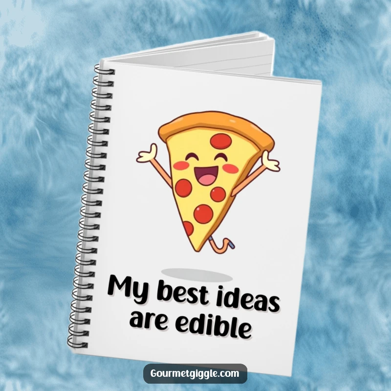 Funny notebook featuring a smiling pizza slice in a joyful jump, inspiring creative and delicious entries.