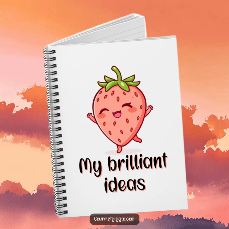 Funny winking strawberry notebook, spiral-bound with lined pages, features a cheerful fruit in a twirl, perfect for journaling and notes.