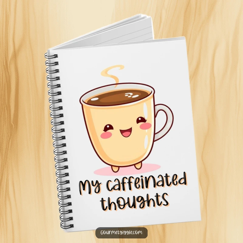 Funny notebook with a bubbly cup of coffee doing a cheerful twirl, inspiring energetic and creative writing.