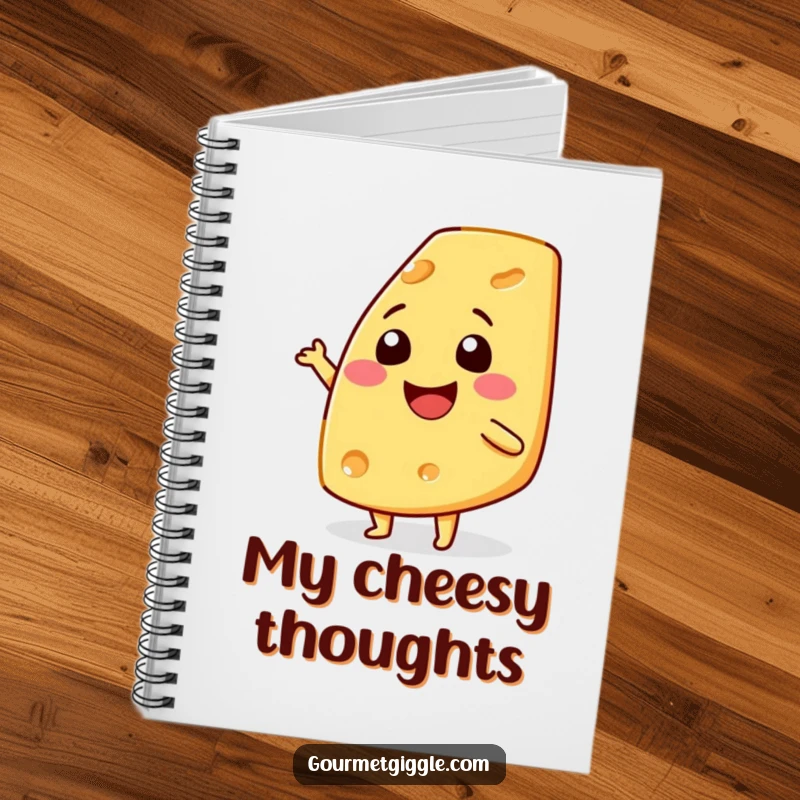 Funny smiling cheese wedge notebook, spiral-bound with lined pages, features a cheerful cheese wedge, perfect for journaling and notes.