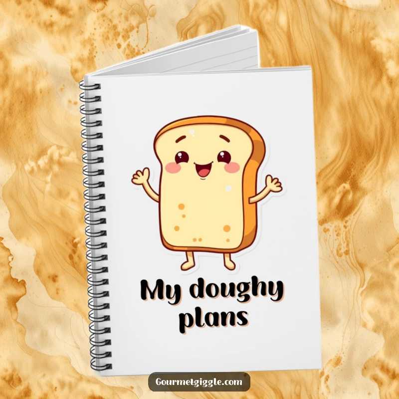 Funny grinning bread loaf with arms, cheerfully waving hello, inspiring playful thoughts in a notebook.