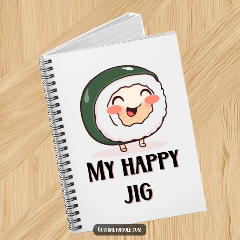 Funny notebook with a cheerful, wobbly sushi roll doing a happy jig, ideal for jotting down funny thoughts.