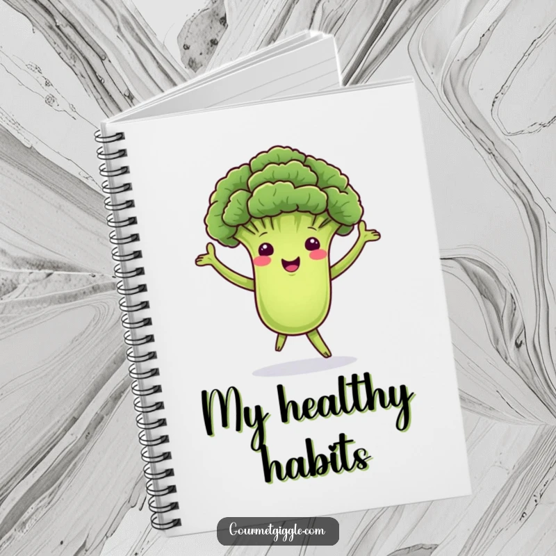Funny notebook cover with a dancing broccoli floret with green arms, swaying gleefully, designed for note-taking with a side of health-inspired fun.
