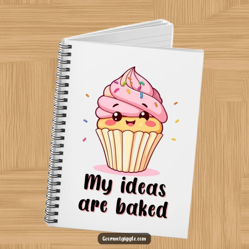 Funny cupcake character notebook, a giggling, bobbing cupcake with bouncing sprinkles, perfect for jotting down sweet ideas.